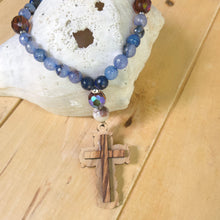 Load image into Gallery viewer, Christian Prayer Beads with Olive Wood Cross and Light Blue Fire Agate Beads