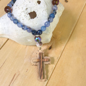 Christian Prayer Beads with Olive Wood Cross and Light Blue Fire Agate Beads