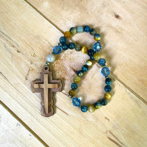 Christian Prayer Beads with Olive Wood Cross and Tiger Eye Beads