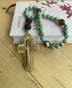 Christian Prayer Beads with Olive Wood Cross and Natural Stones