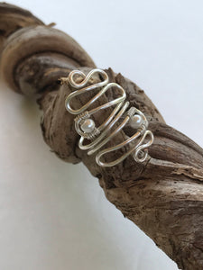 Silver Beaded Adjustable Ring  made with Silver Wire with Pearl Accent