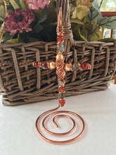 Load image into Gallery viewer, Natural Stone and Pearlized Beaded Display Cross with Copper Hanger