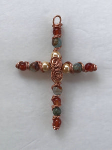 Natural Stone and Pearlized Beaded Display Cross with Copper Hanger