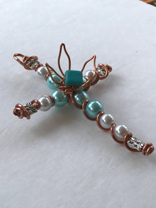 Centered Copper Flower Teal and White Beaded Display Cross with Copper Hanger