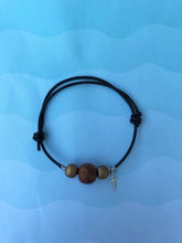 Load image into Gallery viewer, Adjustable Leather Bracelet with Silver Cross and Wood Beads