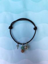 Load image into Gallery viewer, Silver Cross Leather Adjustable Bracelet with Dangling Amazonite and Tibetan Hollow Silver Beads
