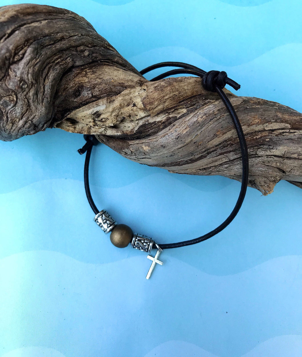 Adjustable Leather Cross Bracelet with Gold and Silver Beads