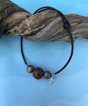 Load image into Gallery viewer, Adjustable Leather Bracelet with Silver Cross and Wood Beads