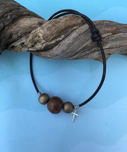 Adjustable Leather Bracelet with Silver Cross and Wood Beads