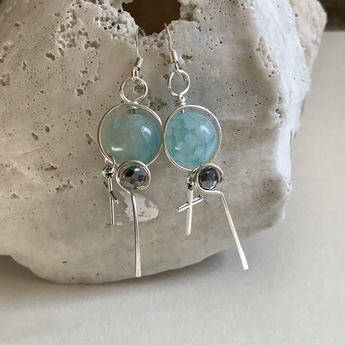 Silver Cross Earrings with Wire Wrapped Aqua and Silver Faceted Beads