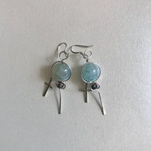 Load image into Gallery viewer, Silver Cross Earrings with Wire Wrapped Aqua and Silver Faceted Beads