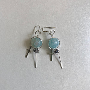 Silver Cross Earrings with Wire Wrapped Aqua and Silver Faceted Beads