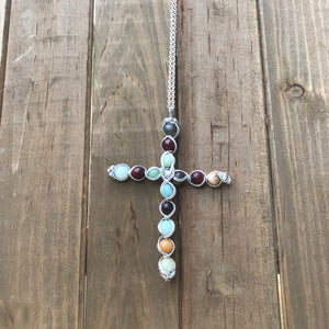 Large Amazonite and Wood Beaded Cross Necklace