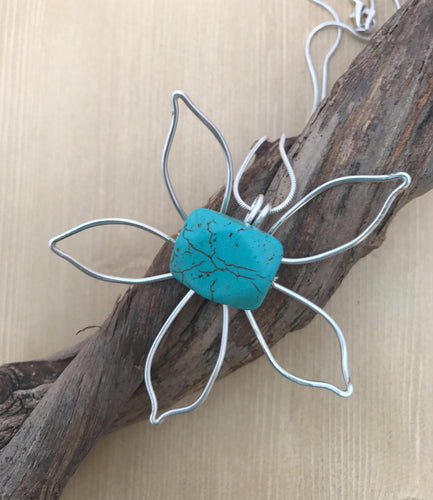 Turquoise Necklace/Silver Flower Necklace/Beaded Necklace/Necklace/Silver Necklace/Wire & Bead Necklace/Swirled Wire Necklace