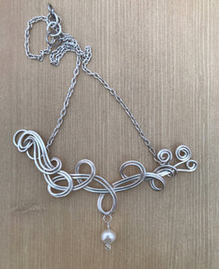 Swirled Silver Wire Necklace/Beaded Necklace/Silver Necklace/White Natural Pearl Bead Necklace/Drop Pearl Necklace