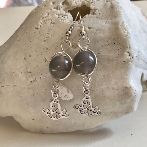 Silver Dove Charm Earrings with Natural Stone Bead