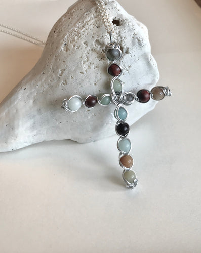 Large Amazonite and Wood Beaded Cross Necklace