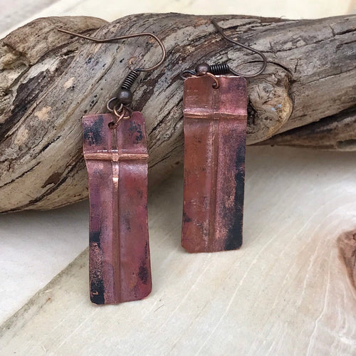 Unique Folded Copper Cross Earrings