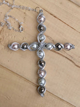 Load image into Gallery viewer, Large Beaded Pearl and Silver Cross Necklace