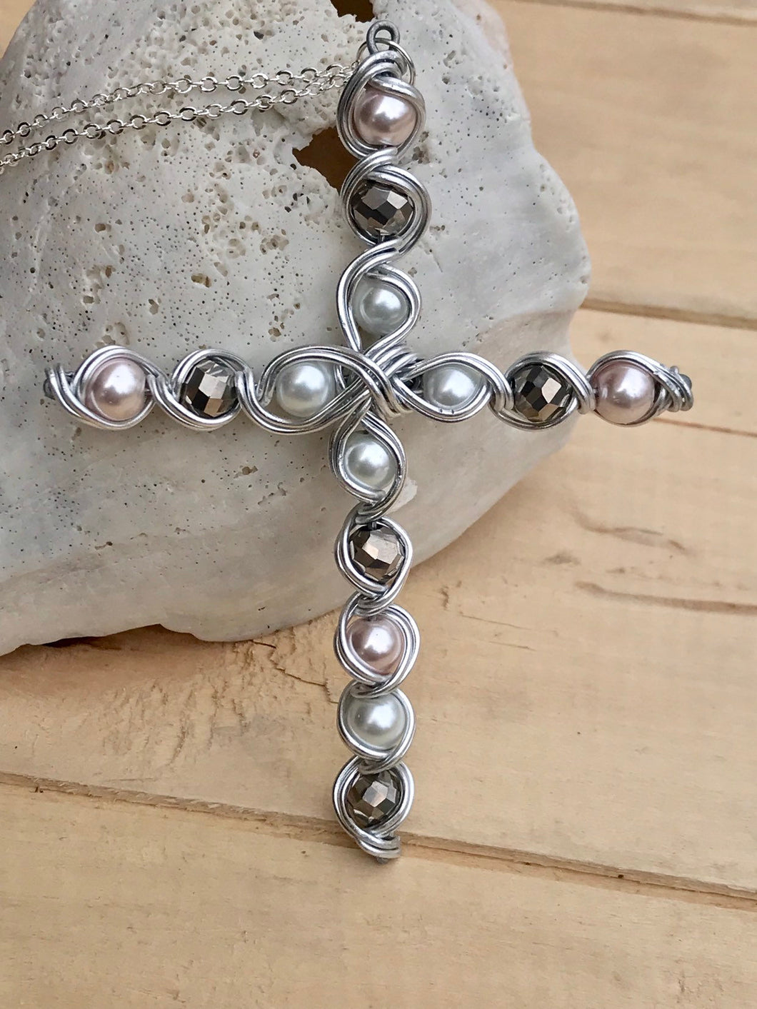 Large Beaded Pearl and Silver Cross Necklace