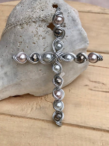 Large Beaded Pearl and Silver Cross Necklace