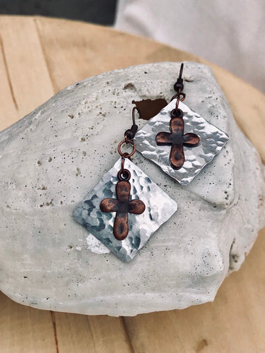 Lightweight Copper Cross Earrings with Aluminum Diamond Shaped background
