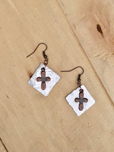 Lightweight Copper Cross Earrings with Aluminum Diamond Shaped background