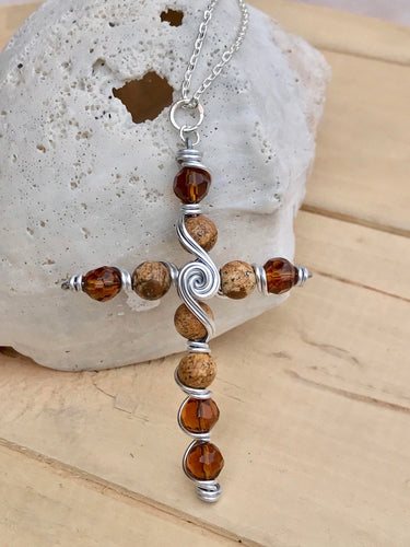 Natual Stone Brown and Glass Beaded Cross Pendant Necklace