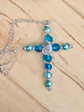 Load image into Gallery viewer, Blue Beaded Cross Pendant Necklace