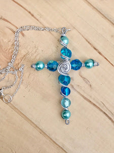 Blue Beaded Cross Pendant Necklace
