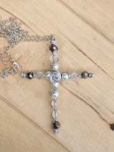 Load image into Gallery viewer, Decorative Large White Pearl and Silver Beaded Cross Necklace