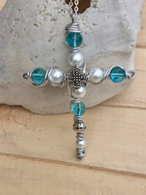 Load image into Gallery viewer, Small Aqua and White Beaded Cross Necklace