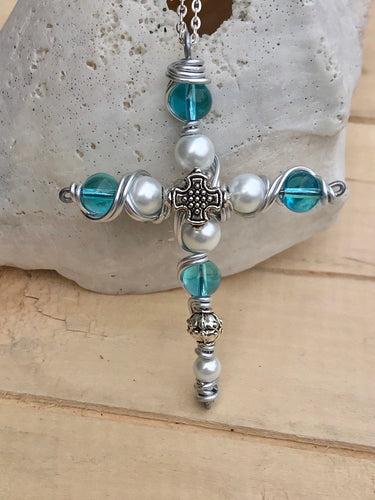 Small Aqua and White Beaded Cross Necklace