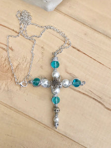 Small Aqua and White Beaded Cross Necklace