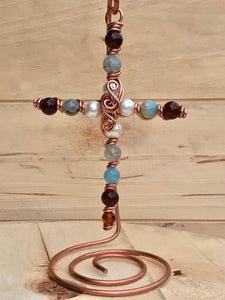 White Pearl and Natural Stone Beaded Display Cross with Copper Stand