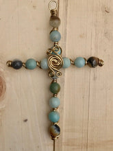 Load image into Gallery viewer, Decorative Natural Stone Amazonite Beaded Display Cross with Gold Stand