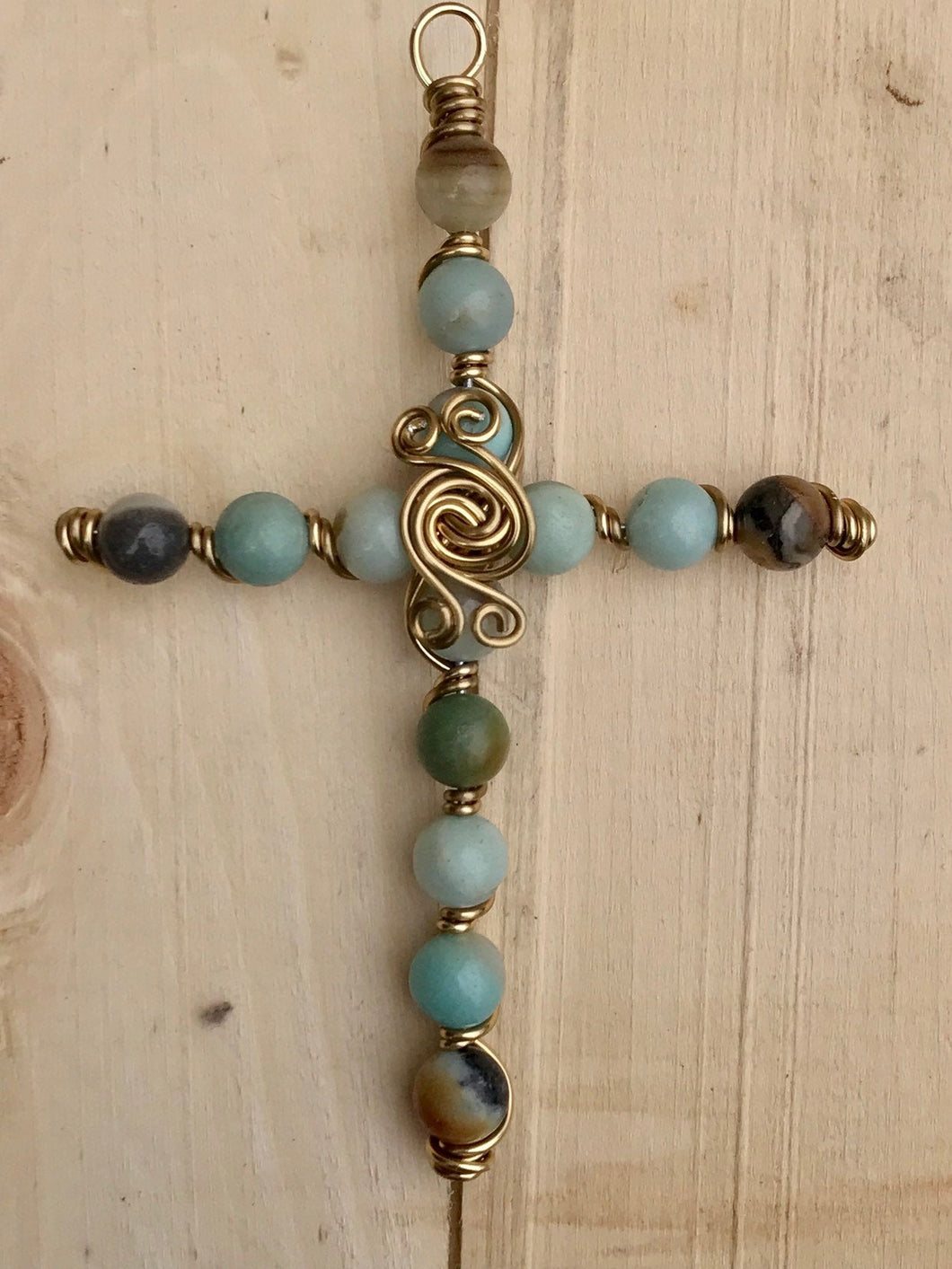 Decorative Natural Stone Amazonite Beaded Display Cross with Gold Stand