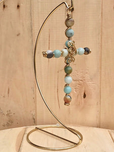 Decorative Natural Stone Amazonite Beaded Display Cross with Gold Stand