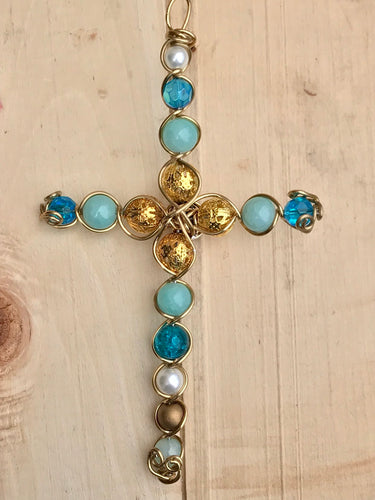 Egyptian Wrapped Teal and Gold Beaded Display Cross with Gold Stand