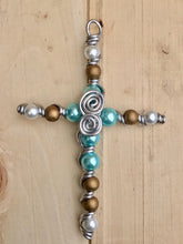 Load image into Gallery viewer, Teal Beaded Cross/Silver Cross/Decorative Cross /Get Well Gift/Christian Gift/Pearl Cross/Cross On Stand/Sympathy Gift