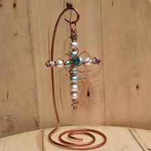 Load image into Gallery viewer, Centered Copper Flower Teal and White Beaded Display Cross with Copper Hanger