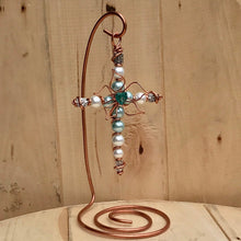 Load image into Gallery viewer, Copper Wire, Teal and White Beaded Display Cross with Centered Copper Flower and Hand Sculpted Copper Stand
