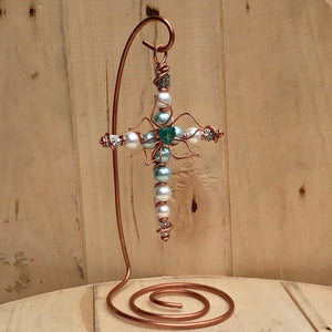 Copper Wire, Teal and White Beaded Display Cross with Centered Copper Flower and Hand Sculpted Copper Stand