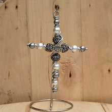 Load image into Gallery viewer, Decorative Silver Rhinestone Display Cross with Grey and White Pearlized Beads. Includes Silver Stand.