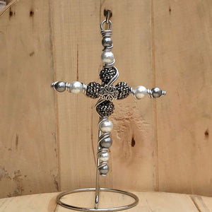 Decorative Silver Rhinestone Display Cross with Grey and White Pearlized Beads. Includes Silver Stand.