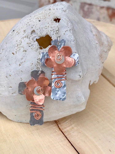 Silver and Copper Flower Cross Earrings