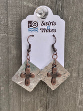 Load image into Gallery viewer, Lightweight Copper Cross Earrings with Aluminum Diamond Shaped background