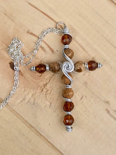 Load image into Gallery viewer, Natual Stone Brown and Glass Beaded Cross Pendant Necklace