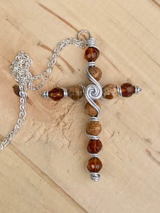 Natual Stone Brown and Glass Beaded Cross Pendant Necklace