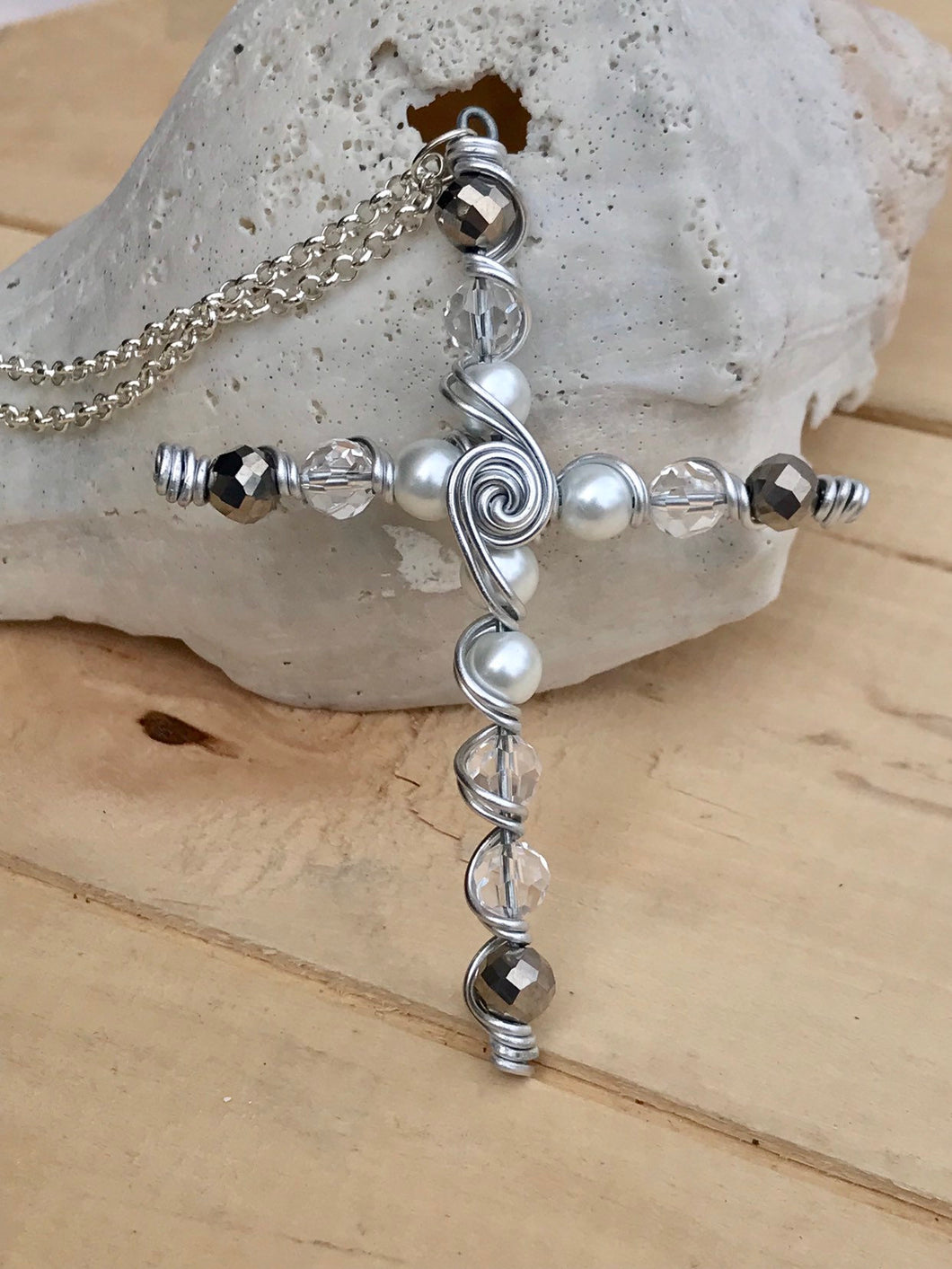 Decorative Large White Pearl and Silver Beaded Cross Necklace